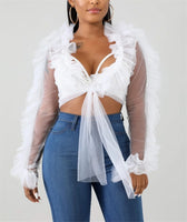 Mesh Sheer See Through Ruffles Long Sleeve Crop Tops Deep V-neck shirt