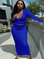Two Piece Set Women Skirt Cleavage Solid V-neck Long Sleeve Crop Top+bodycon Maxi Skirt