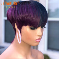 Ombre Highlight Rose Purple Color Human Hair Wigs Pixie Short Cut Bob Wigs Brazilian Straight Full Machine made Wigs Remy Hair