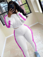 Ribbed Knitted White Pink 2 Two Piece Set Women Outfits Bodycon Long Sleeve Crop Top Leggings Women Tracksuit Matching Set