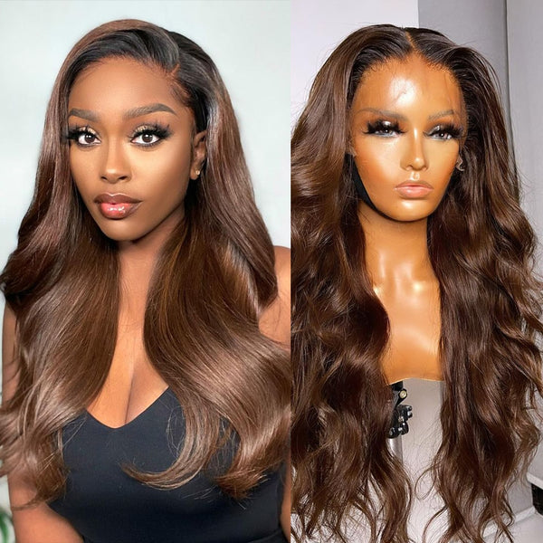 Brown 360 HD Glueless Frontal Body Wave 13x4 Lace Front Human Hair Wig Transparent Brazilian Remy Loose Ombre Chocolate Ginger - Divine Diva Beauty