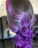 Violet Purple Color Wig Water Wave T Part Lace Human Hair Wigs Pre Plucked HD Transparent 13x1 Lace Wig