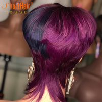 Ombre Highlight Rose Purple Color Human Hair Wigs Pixie Short Cut Bob Wigs Brazilian Straight Full Machine made Wigs Remy Hair