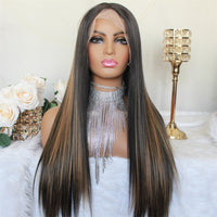 Highlight Wig Honey Blonde Lace Front Wigs 180 Density Middle Part  Straight Lace Wig Ombre Brown Colored Synthetic Wigs