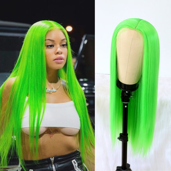 Lace Wigs Long Straight Hair  Lime Green Color Wigs  Women Synthetic Lace Wigs with Natural Hairline