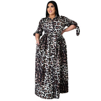 Plus Size avail Half Sleeves Elegant Long Dress with Lace Up Leopard Maxi Dress