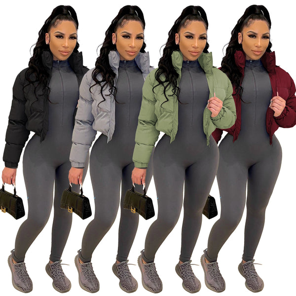 Fall Zip Up Turtleneck Cropped Puffer Jacket Solid Color outerwear