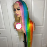 Half Blonde Half Rainbow highlight Straight Lace Front Wig Purple Pink Blue Green Yellow Lace Front Human Hair Wigs - Divine Diva Beauty