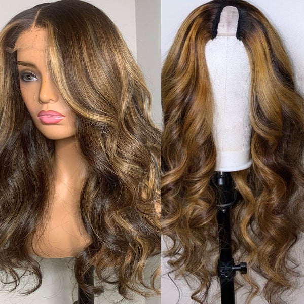 Honey Blonde Brazilian Highlight Ombre Human Hair U part Wigs 150% Density Remy Hair Wigs Middle Open Upart Wigs