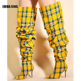 Fashion Yellow Palm Tree Shoes Winter Women Thigh High Boots Ladies Over The Knee Boots Ladies High Heel Plaid Boots