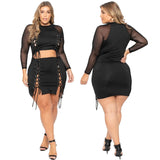 Plus Size avail Sexy Mesh lace up See Through Two Piece Long Sleeve Crop set