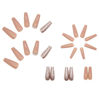 Nude Nails Press on Rhinestone XL Length Coffin Fake Nail Tips Pre Designed Z160