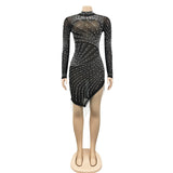 Diamond O-neck Long Sleeve Summer Sexy Celebrity Party Mini Dress