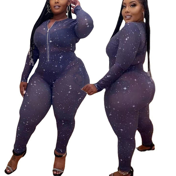 Plus Size avail Bodysuit Long Sleeve Bodycon Stretchy see thru Sexy Jumpsuit