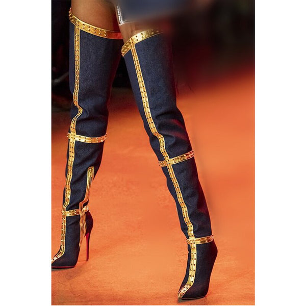 High Thigh Boots Thin Heels Blue Yellow Patchwork Rivet Pointed Toe Over The Knee Boots 11+