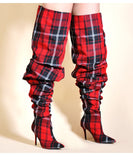 Fashion Yellow Palm Tree Shoes Winter Women Thigh High Boots Ladies Over The Knee Boots Ladies High Heel Plaid Boots