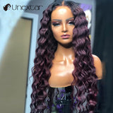 Dark Red Color Brazilian Remy Human Hair Hd Lace Frontal Wig Preplucked Hairline 13x4 Lace Front Deep Wave Wig - Divine Diva Beauty