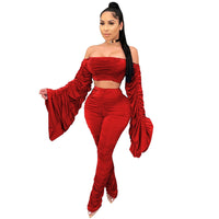 Sexy Two Piece Set Runched Flare Sleeve Crop Top set