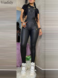 Women Fashion Buckled Zipper Design PU Suspender Jumpsuit pants