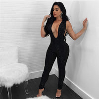 Sexy Deep V-neck Bodycon Jumpsuit for Women Rompers Rhinestone bodysuit