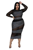 Plus Size avail Black Mesh Sequined Long Sleeve Slim Party Dress