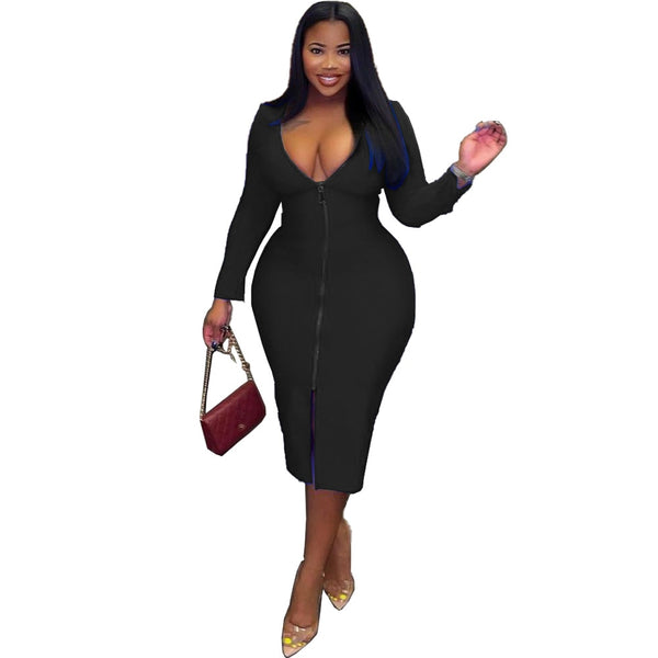 Solid Color Long Sleeve Slim Sexy Split plus size avail Zip dress
