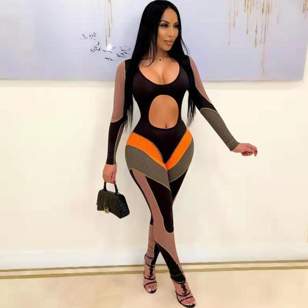 Sexy Cut Out Striped Patchwork Bodycon Jumpsuit Women Long Sleeve Party Club Outfits Sporty Romper bodysuit