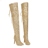 Over-the-Knee All Sequins Cloth Boots Woman Pointed Toe 11+