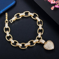 Love Heart Charm CZ Gold Plated Cuban Link Chain Bracelets Jewelry