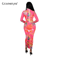 Skinny Slim Maxi  Print Women Bodycon Party Dresses Turtleneck Long Sleeve Plus Size - Divine Diva Beauty