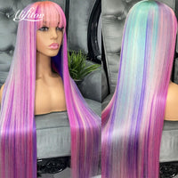 Pastel Purple Rainbow Colored Straight Lace Front Wig with Bangs Pre Plucked Blue Pink 13x4 Lace Front Human Hair Wigs - Divine Diva Beauty