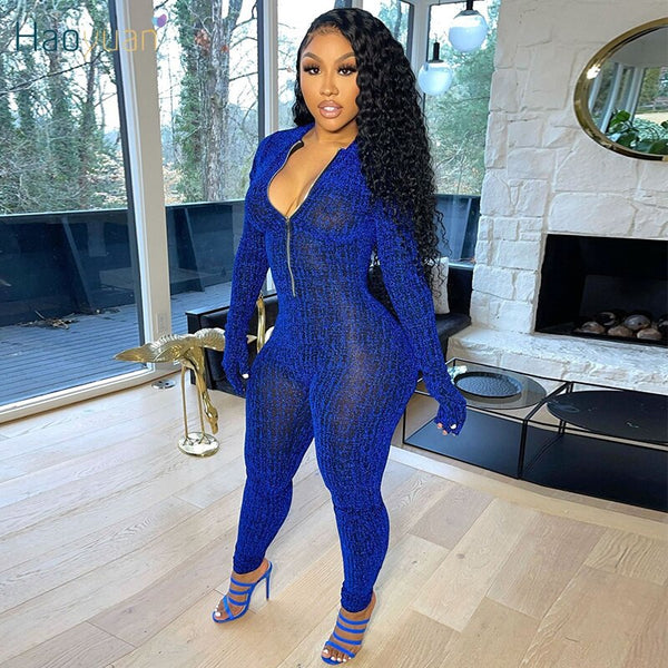 Mesh sheer Bodycon Jumpsuit Long Sleeve Zip Up bodysuit