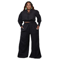 Plus Size avail Women Clothing Two Piece Sets Polka-dot Round Neck Lace-up Pocket Wide Leg Pants Sexy Outfit - Divine Diva Beauty