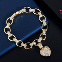 Love Heart Charm CZ Gold Plated Cuban Link Chain Bracelets Jewelry