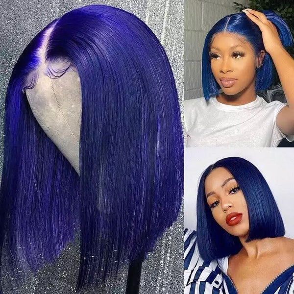 Blue Bob Wig Lace Front Human Hair Wigs Color 13x4 Bob Human Hair Straight Front Lace Smooth Wig For Women Y46124 - Divine Diva Beauty