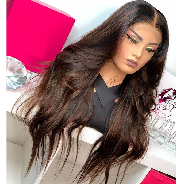 250Density Peruvian Glueless 13x6 Lace Front Wigs with Baby Hair Glueless Highlight Chocalate Wavy Lace Front Wigs Remy