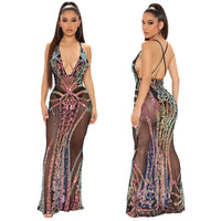 Sequin Mesh Backless Long Maxi Dress