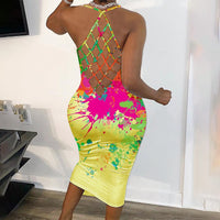 Women Fashion Print Color Halter Fishnet Round Neck Dress Sexy Long Dress