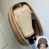 4x4 Lace Closure Wigs Straight Short BOB Honey Blonde Highlight Human Hair Wigs Straight Lace Front Wig Remy Hair BOB