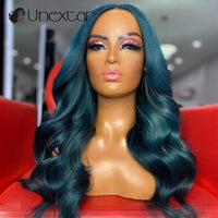 Dark Green 13X4 Front Lace Wig Wavy Lace Front Wig Brazil 180% Density human hair