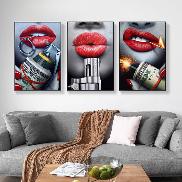 Fashion The Red Lips Gun Money Art Canvas Painting Posters and Prints Wall Art Picture for Living Room Modern Home Decoration
