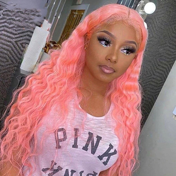 Hot Pink Deep Wave Frontal Wig Transparent Lace Wigs Blue Red Green 13*4 Lace Front Human Hair Wigs  Preplucked - Divine Diva Beauty