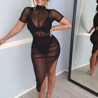 Black Mesh Transparent Irregular Dresses Pleated Split Short Sleeve Sheer Sundress