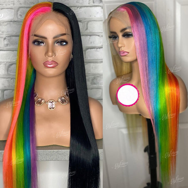 Half Blonde Half Rainbow highlight Straight Lace Front Wig Purple Pink Blue Green Yellow Lace Front Human Hair Wigs - Divine Diva Beauty