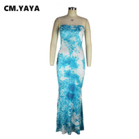 Women Summer Fashion Dress Strapless Long Maxi Dress Tie-dye Print