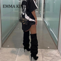 Pleated Boots Sexy Pointed Toe Thigh High Boot Female Slouch Over-the-knee Boots