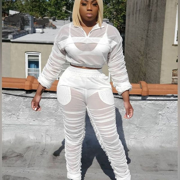 Plus Size avail Sets White Two Piece Mesh Long Sleeve Top and Pant