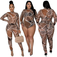 Women Plus Size avail Long Sleeve Bodysuit and Pants Clubwear Transparent Mesh Party Two Piece Set - Divine Diva Beauty