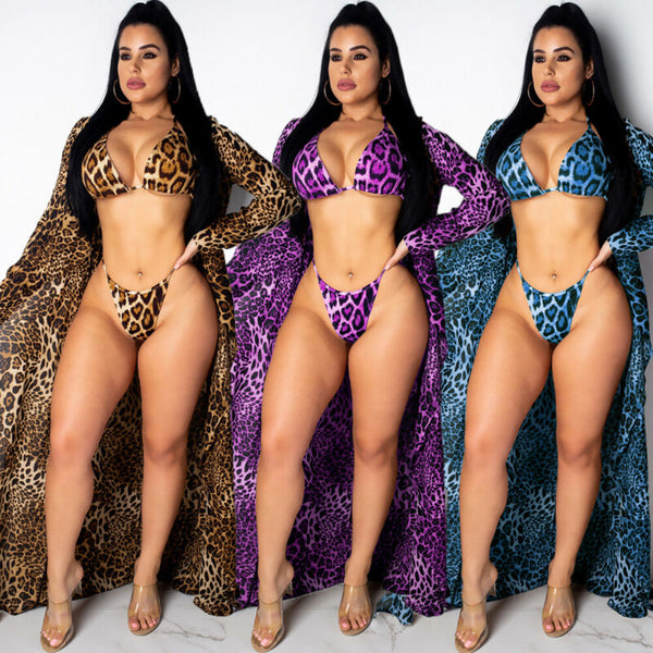3pieces Swimsuit Set  Leopard Print Bikini Set Female Beach Cover Up swimwear Cardigan Ladies Swimwear Suit