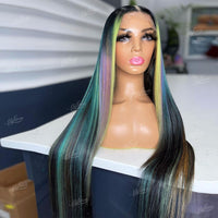 Natural Black Blue Green Rainbow Colored Human Hair Wigs for Women 13x4 Straight Lace Front Wig Pre Plucked Hairline - Divine Diva Beauty